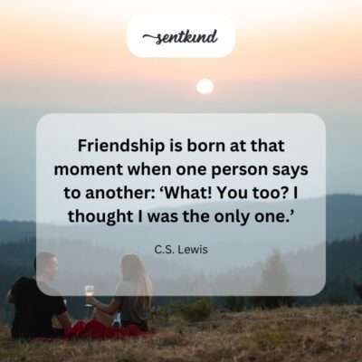 Two people share a moment of surprised recognition and connection, realizing they have a deep commonality.