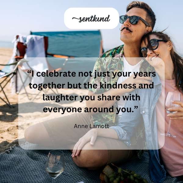 Text overlay with a quote about celebrating kindness and laughter in relationships.