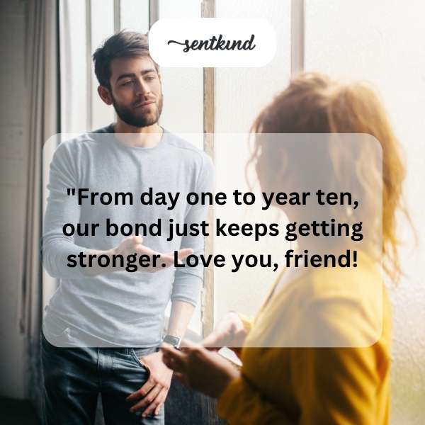 Two friends are laughing together outdoors, celebrating their 10-year friendship anniversary.