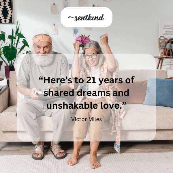 A couple joyfully celebrates their 21st anniversary with a toast.