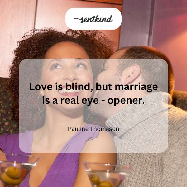 A person wearing a blindfold walks towards a wedding ring, while another person stares wide-eyed.