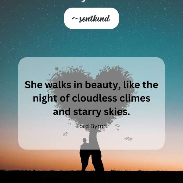 A woman with dark hair stands gracefully against a night sky filled with stars.