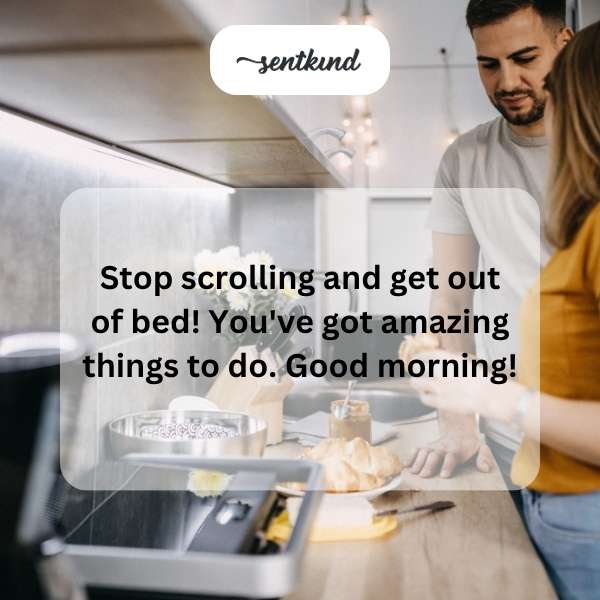 An alarm clock displays a wake-up message.