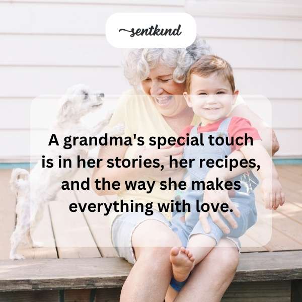 A warm, sepia-toned photo shows a grandmother's hands gently turning pages of an old recipe book while her grandchild watches.