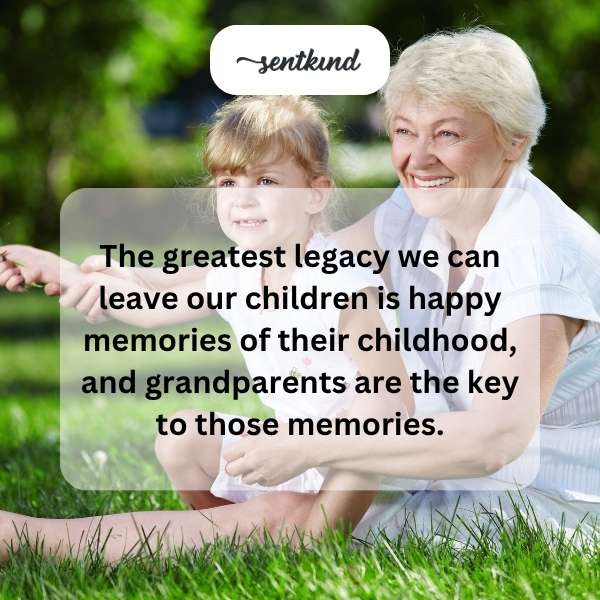 An elderly woman is holding hands and walking with a young child through a sunlit park.