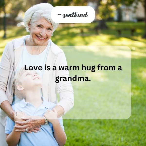 A grandmother with silver hair is warmly embracing a small child, both smiling affectionately.