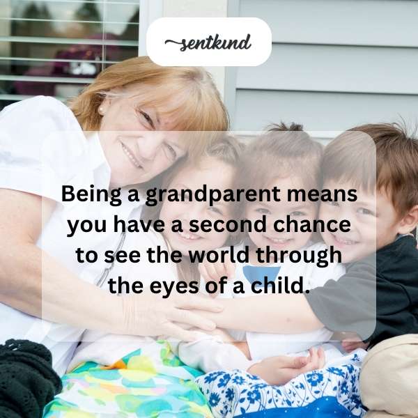 A smiling grandparent sits beside a grandchild pointing excitedly at something unseen, sharing a moment of childlike wonder.