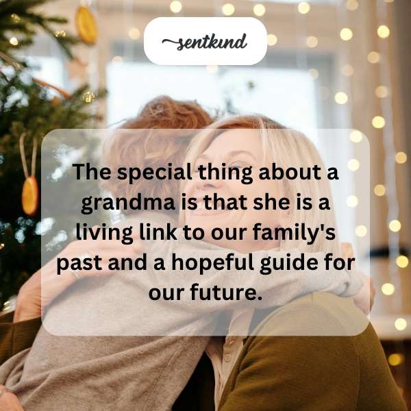 An elderly woman sits smiling between a young child and a teenager, holding their hands, symbolizing the bond between past, present, and future generations.
