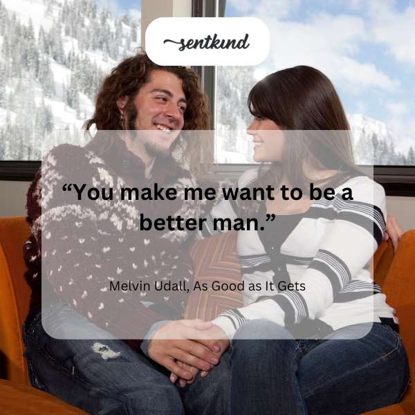 A man looks thoughtfully at a woman with a gentle smile.