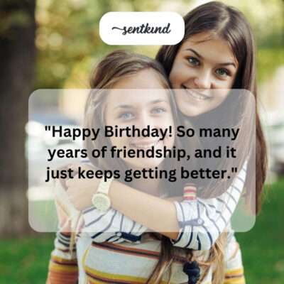 A split photo showing two friends playing together as children on one side and celebrating a birthday as adults on the other.