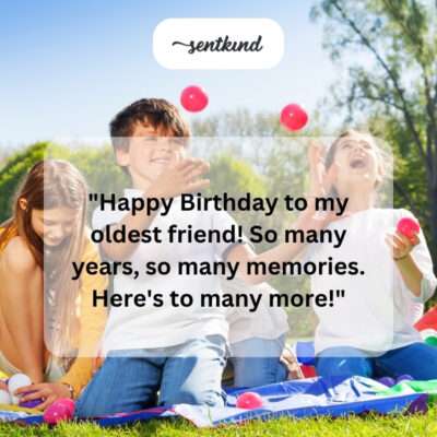 Two lifelong friends are laughing and hugging warmly during a birthday celebration.