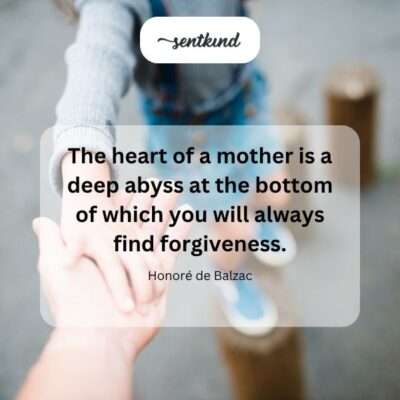 A mother gently holds her child's hand, her gaze serene and full of profound understanding and warmth.