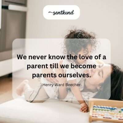 A parent gently holds their young child, looking at them with deep love and understanding, perhaps reflecting on their own parents.