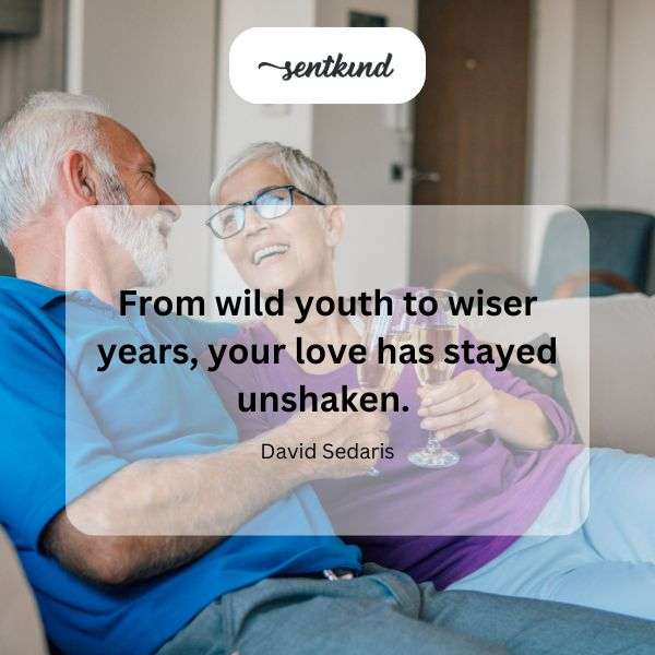 A couple embracing tenderly, showing the progression of their relationship over many years.