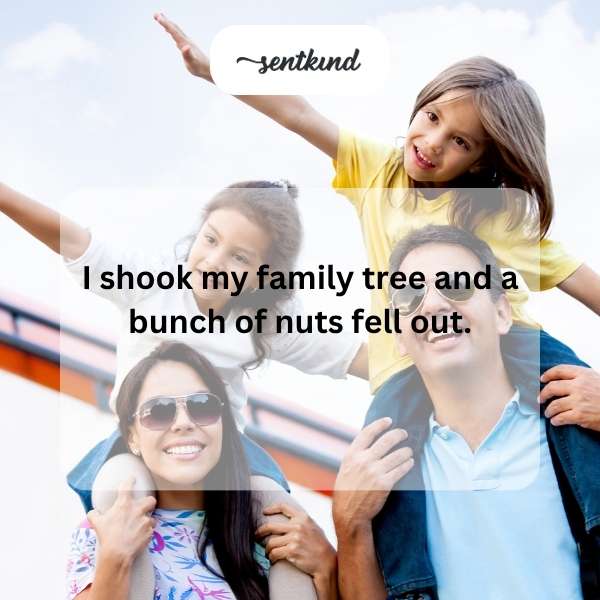A multigenerational family photo with silly expressions.
