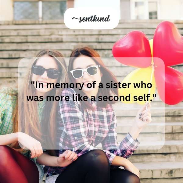 Memorial image with a heart and a faded photo, dedicated to a beloved sister.