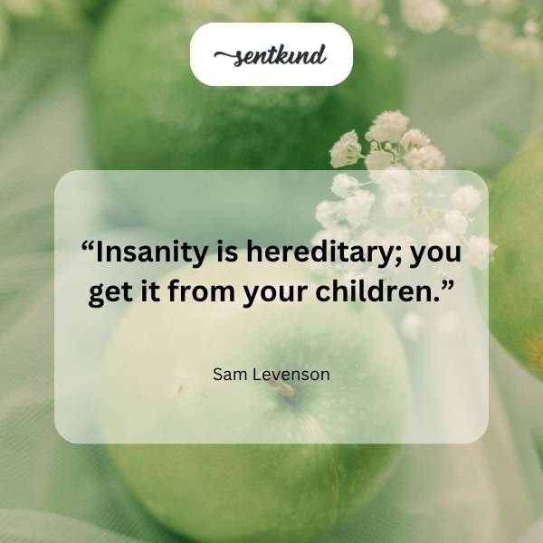 A parent with a bewildered expression is surrounded by energetic children creating a chaotic scene.