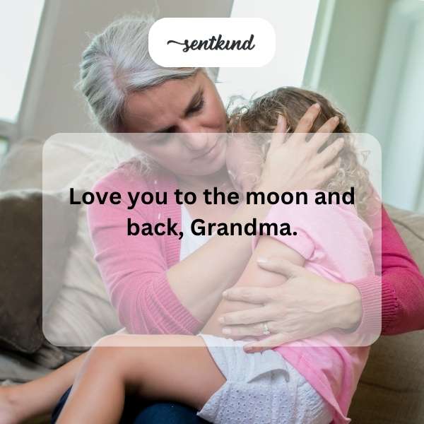 Illustration of a child hugging their grandmother under a starry night sky with a large moon overhead.