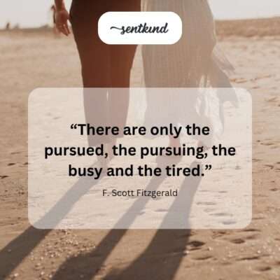 A four-panel image visually represents the concepts of being pursued, pursuing a goal, being busy with tasks, and feeling tired.