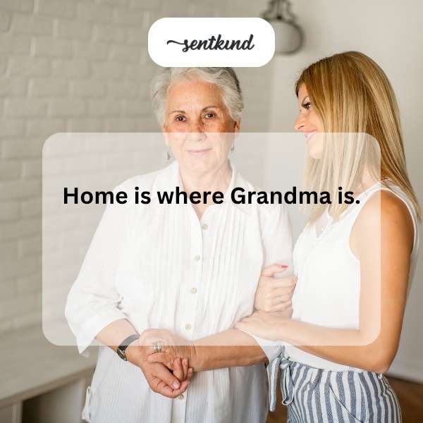 A warm image shows a smiling grandmother embracing a child in a cozy living room setting.