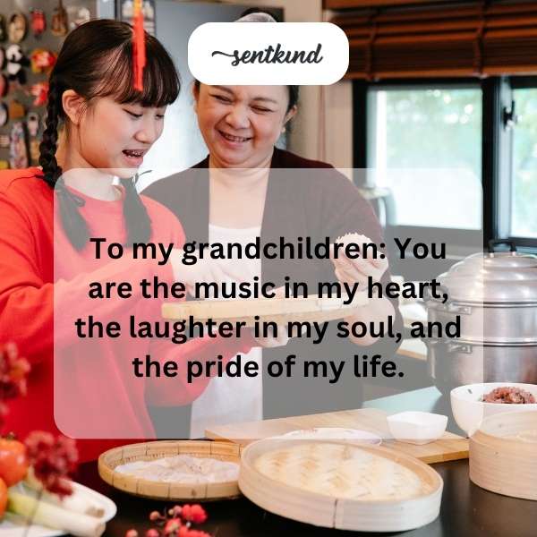 A joyful grandparent embraces several young grandchildren while smiling warmly in a sunny room.