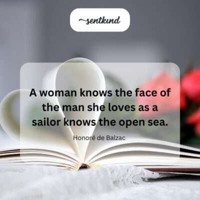 A split image shows a woman intently studying a man's face beside a scene of a sailor navigating a vast, open sea.