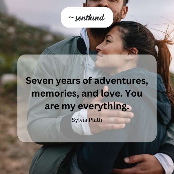 A couple embraces, surrounded by photos representing seven years of shared experiences.