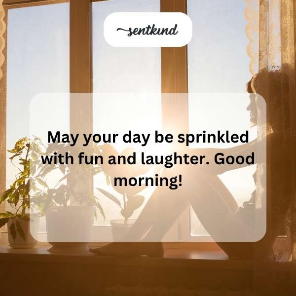 A person is smiling brightly in warm morning sunlight with sparkling bokeh lights surrounding them.