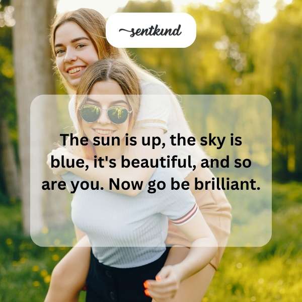 A radiant sun shines in a clear blue sky, suggesting a beautiful day.