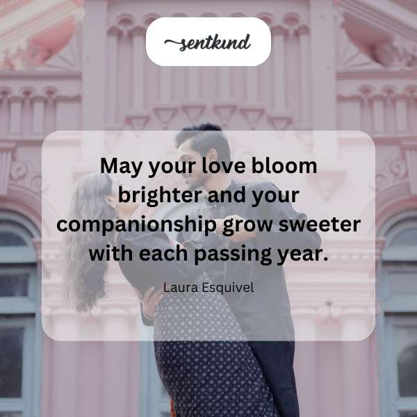Blooming flowers intertwined symbolize growing love and companionship.