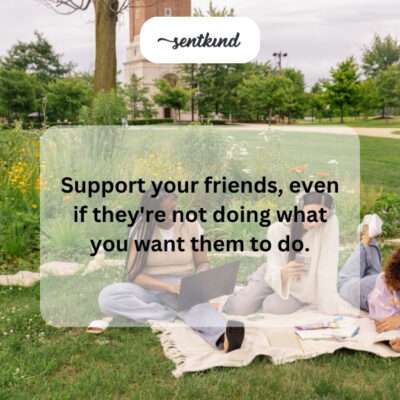 A diverse group of friends stands together, with one person looking towards a different direction while the others offer smiles and gestures of support.
