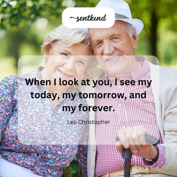 A couple gazes lovingly into each other's eyes, representing a shared future.