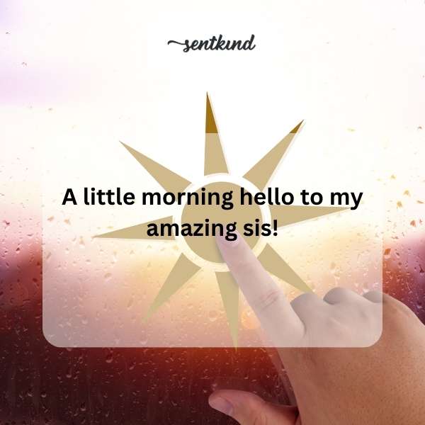 Close-up photo of a hand holding a steaming mug of coffee next to a window with soft morning light filtering in, suggesting a warm greeting.