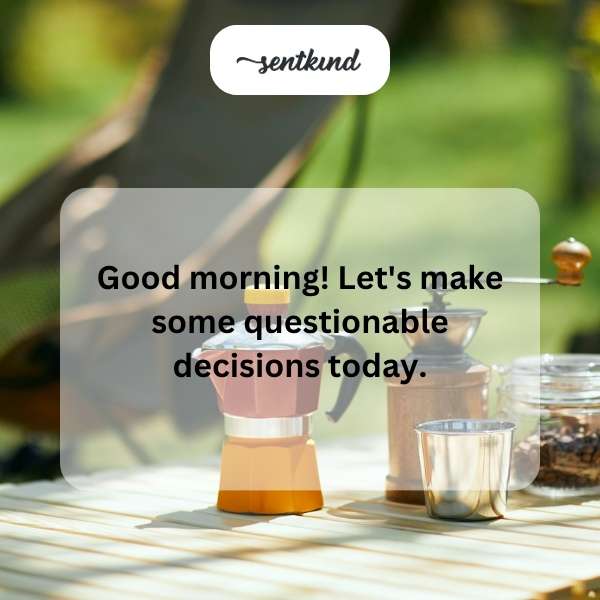 A person with a mischievous smile holds up a bizarre breakfast concoction, looking ready for an unpredictable day.
