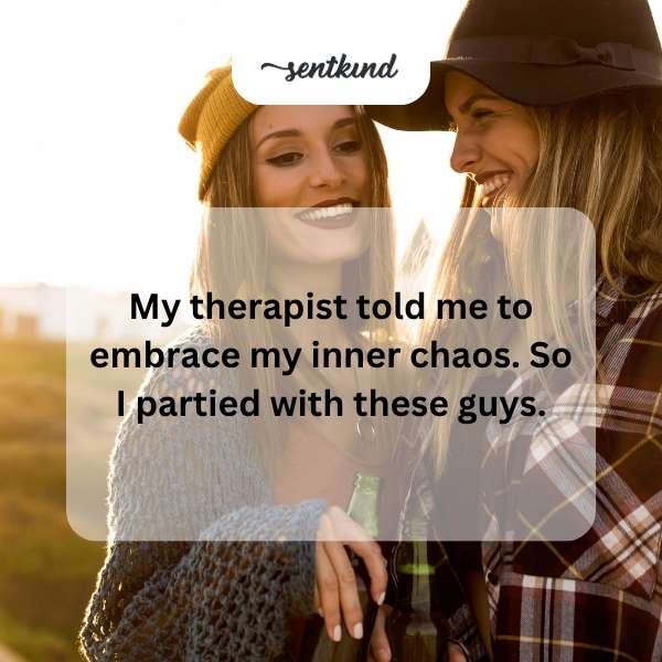 A diverse group of friends with joyful and slightly wild expressions are celebrating in a vibrant, cluttered room filled with party decorations.