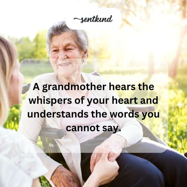 A kind-faced grandmother sits close to a child, holding their hand and looking into their eyes with gentle understanding.
