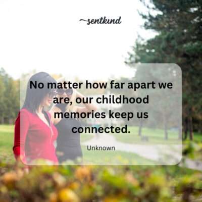 A nostalgic split image depicts two children playing together in the past and two adults, now living far apart, fondly remembering their shared childhood.