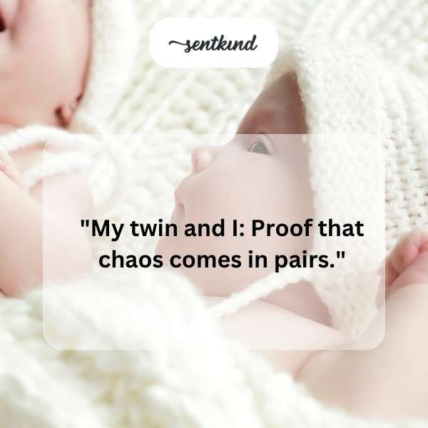 Two identical people are standing side-by-side, creating a sense of playful disorder.