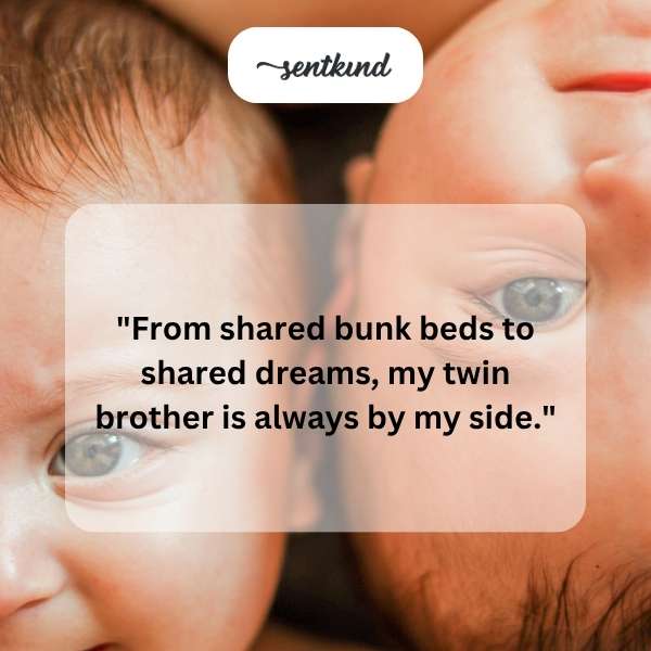 Twin brothers are smiling beside each other.