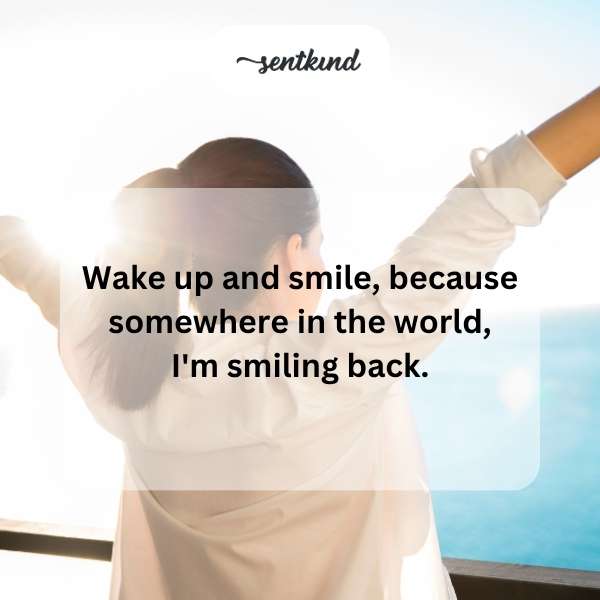 A person smiling brightly towards the morning sunlight.