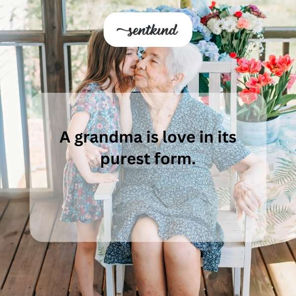 A warm portrait of a smiling grandmother with kind eyes and gentle hands, embodying pure love and comfort.