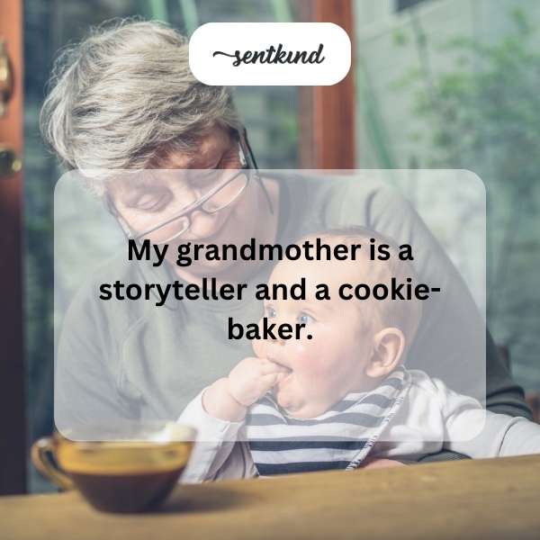 A kind elderly woman with wrinkles around her eyes is seated in an armchair holding a worn book while a plate of homemade cookies sits on the table next to her.