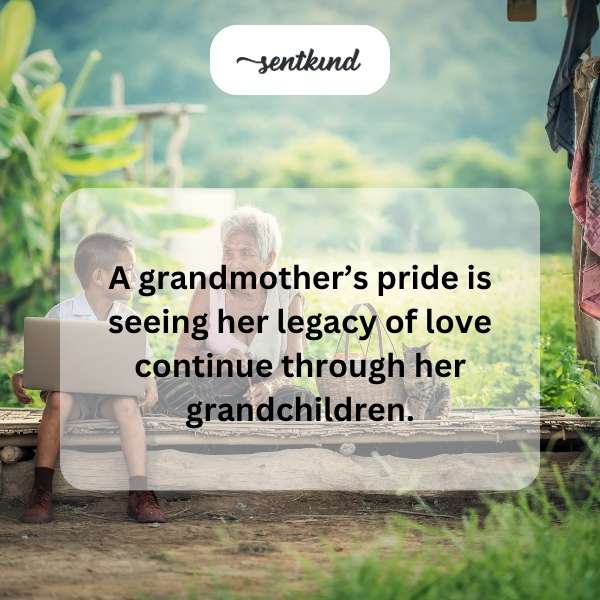 A smiling grandmother watches her grandchildren play in a sunny garden, reflecting her pride in their joy.
