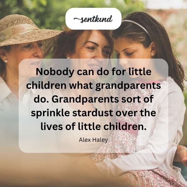 A loving grandmother with white hair smiles softly while holding a young child on her lap as gentle golden light shimmers around them.