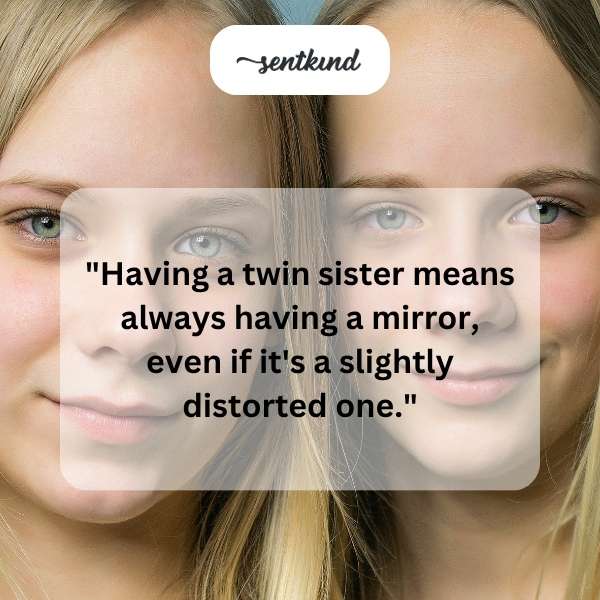 Two identical twin sisters stand side-by-side, reflecting each other's image.