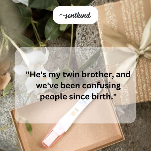 Two identical men stand side-by-side, smiling mischievously.