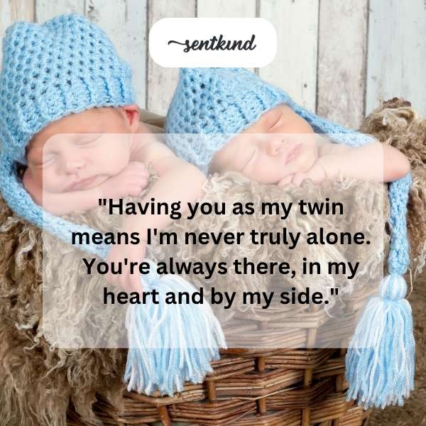 Two identical twins standing side by side, smiling warmly at each other.
