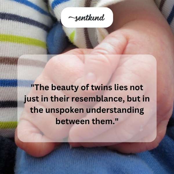 Two identical twins are standing side-by-side, smiling softly.