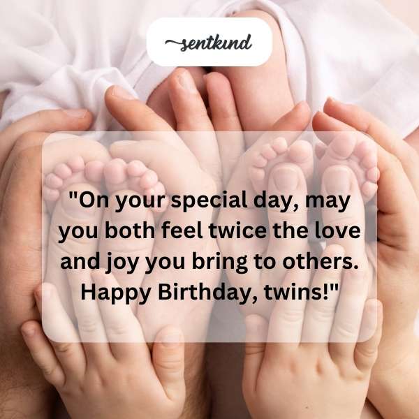 A celebratory image for twins, possibly with cake, candles, or balloons.