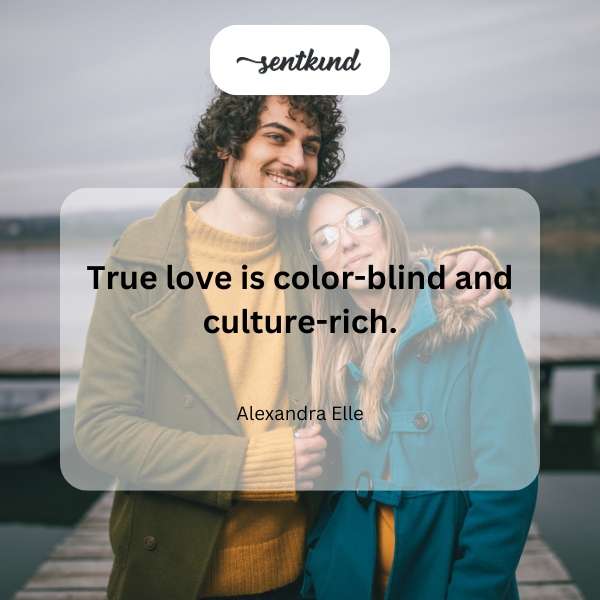 Diverse couple embracing amidst a vibrant collage of cultural symbols.